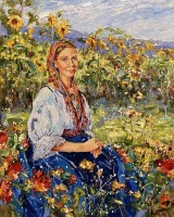 Девушка среди цветов - картина маслом на холсте