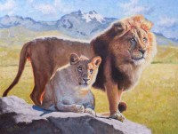 Лев и львица в саванне - картина маслом художника Игоря Разживина