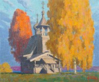 Осеннее Глазово, церквушка - пейзаж маслом художника Игоря Панова